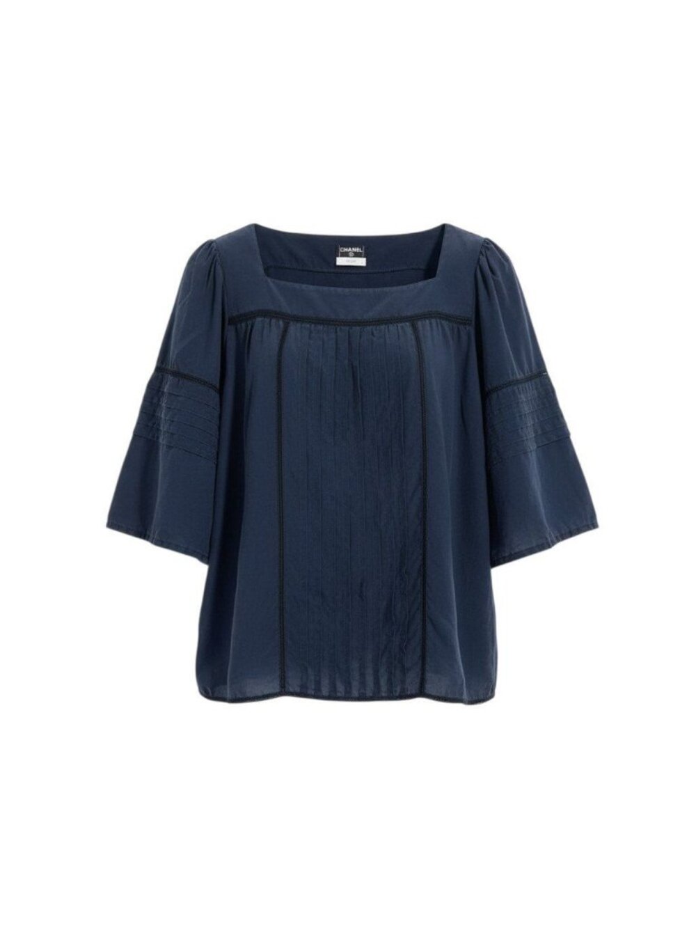 Chanel Silk Blouse Square Neck Puff Sleeve Navy 42